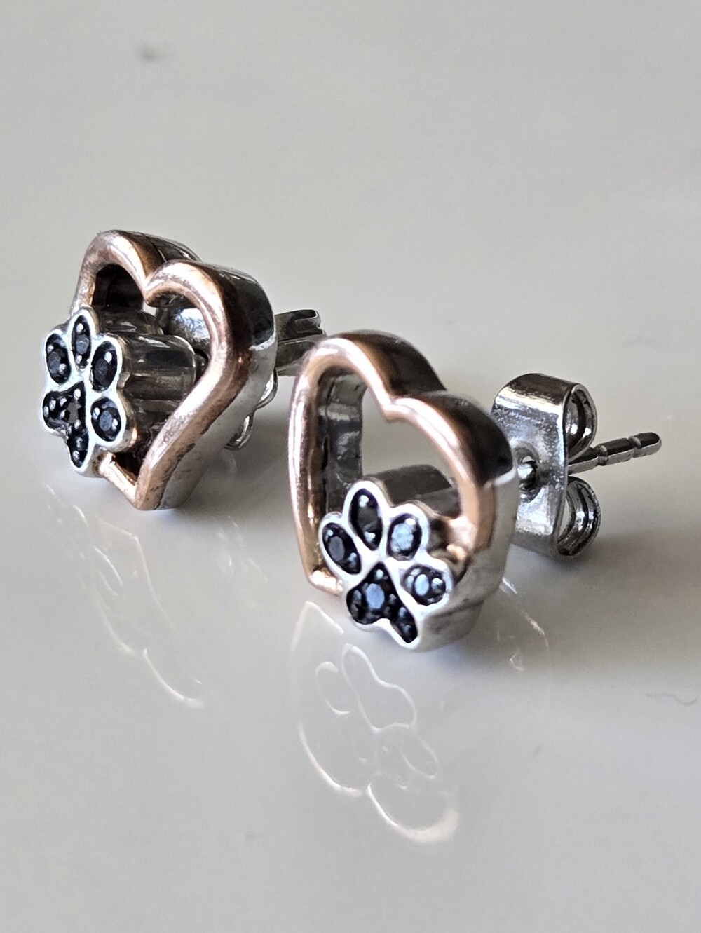 Heart & Paw Stud Earrings -10k Rose Gold and 925 Silver - Picture 5 of 12